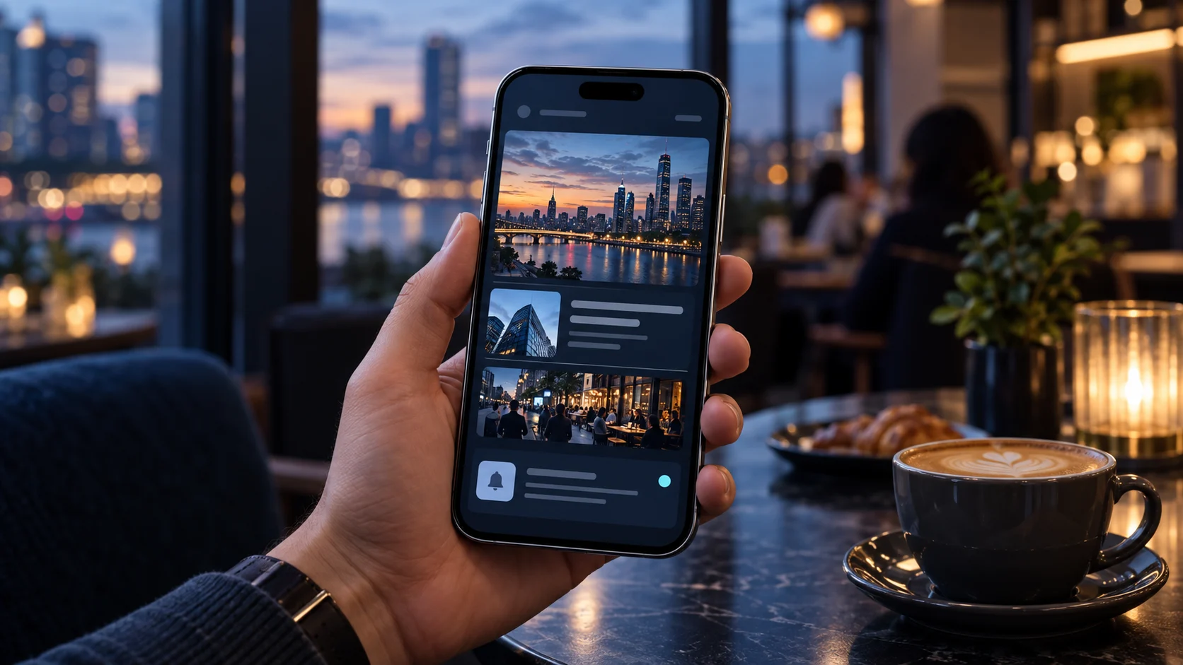 Reader holding a smartphone with a news app