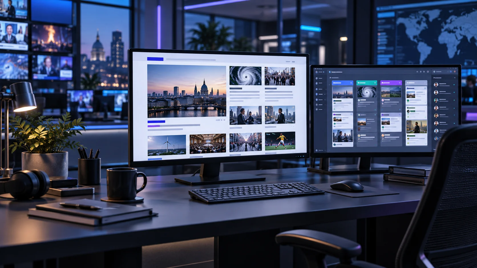 News portal and editorial workflow on newsroom screens
